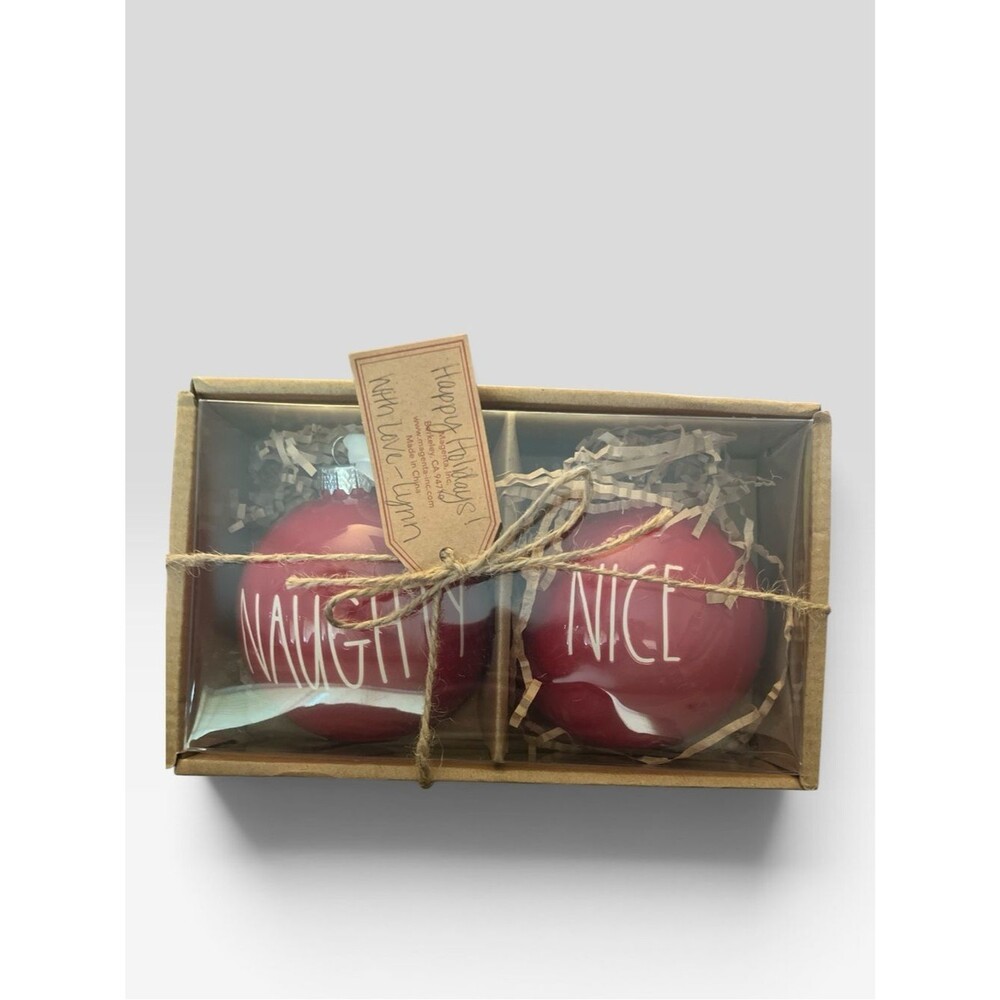 Rae Dunn Holiday Ornament Duo - Red 'Naughty' & 'Nice' Ceramic Set NWT
